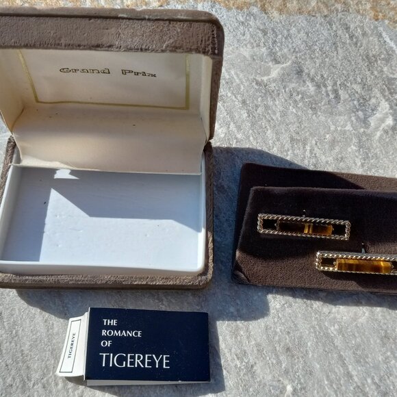 Swank Grand Prix TIGERS EYE Cufflinks Rectangular Gold Bars Original Vel… - Picture 11 of 15